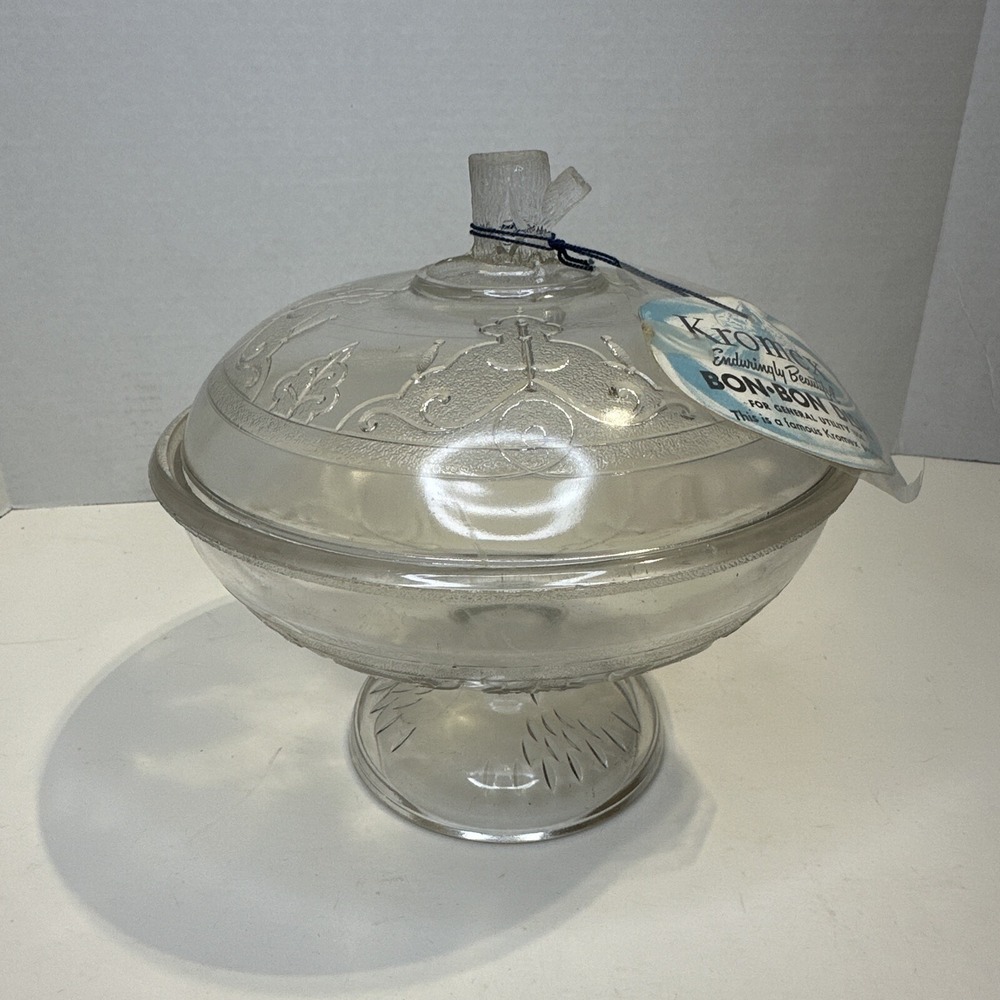 Vintage Kromex Bon Bon Dish Clear Glass Pedestal Footed With Tag Chipped 1949